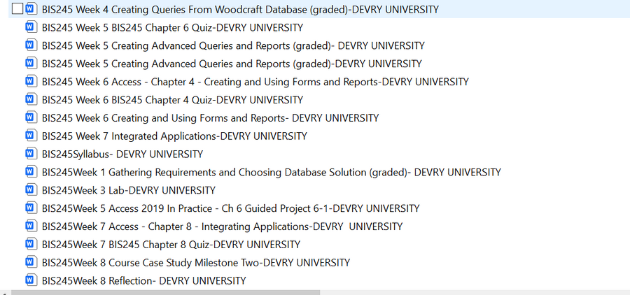 Download: BIS245 DATABASE ESSENTIALS FOR BUSINESS WITH LAB Devry Uni Full Course Tasks