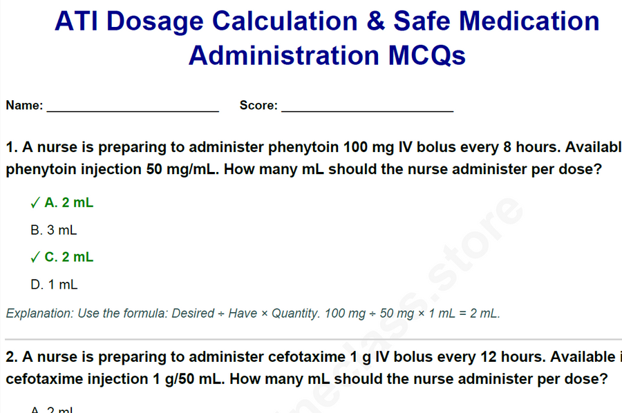 ATI Dosage Calculation & Safe Medication Administration MCQs 25 questions