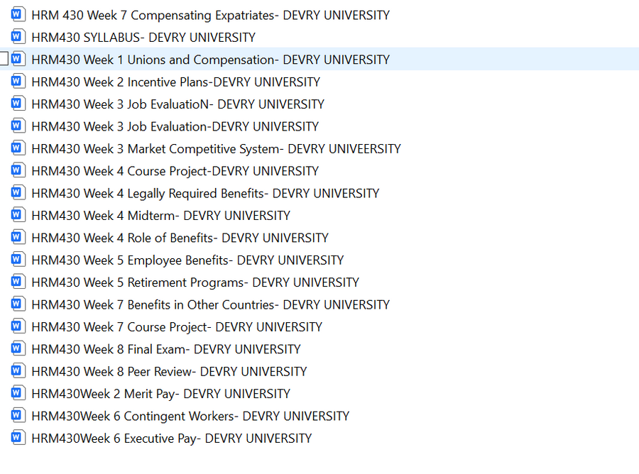 Download: HRM430 COMPENSATION AND BENEFITS-11200 Devry Uni Full Course Assignments