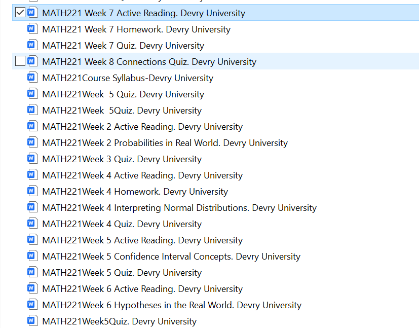 Download: MATH221 STATISTICS FOR DECISION MAKING Devry Uni Entire Course Assignments