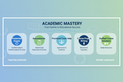 Generate a banner that provides a cover outline to provide support, guide and assistance to students with their 1)Protected Exams, 2)Assessments, 3)Proctored Tests, : 4)Course Project Writing Help, 5)Providing Already Drafted Course Solutions