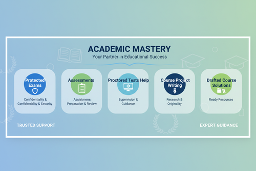 Generate a banner that provides a cover outline to provide support, guide and assistance to students with their 1)Protected Exams, 2)Assessments, 3)Proctored Tests, : 4)Course Project Writing Help, 5)Providing Already Drafted Course Solutions