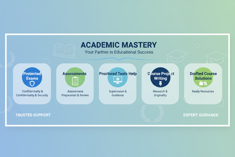 Generate a banner that provides a cover outline to provide support, guide and assistance to students with their 1)Protected Exams, 2)Assessments, 3)Proctored Tests, : 4)Course Project Writing Help, 5)Providing Already Drafted Course Solutions