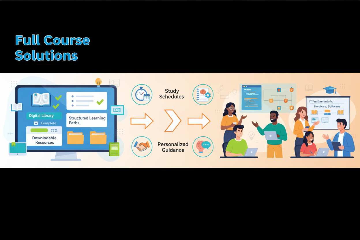 Generate a video/image that teaches or demostrates students on how to study effectively using already existing Full course Solutions and Also with our team that guides on personalised areas such as programming, coding, cyber security and information technology. Make this better in visibility and resize it to make it fit in the site template